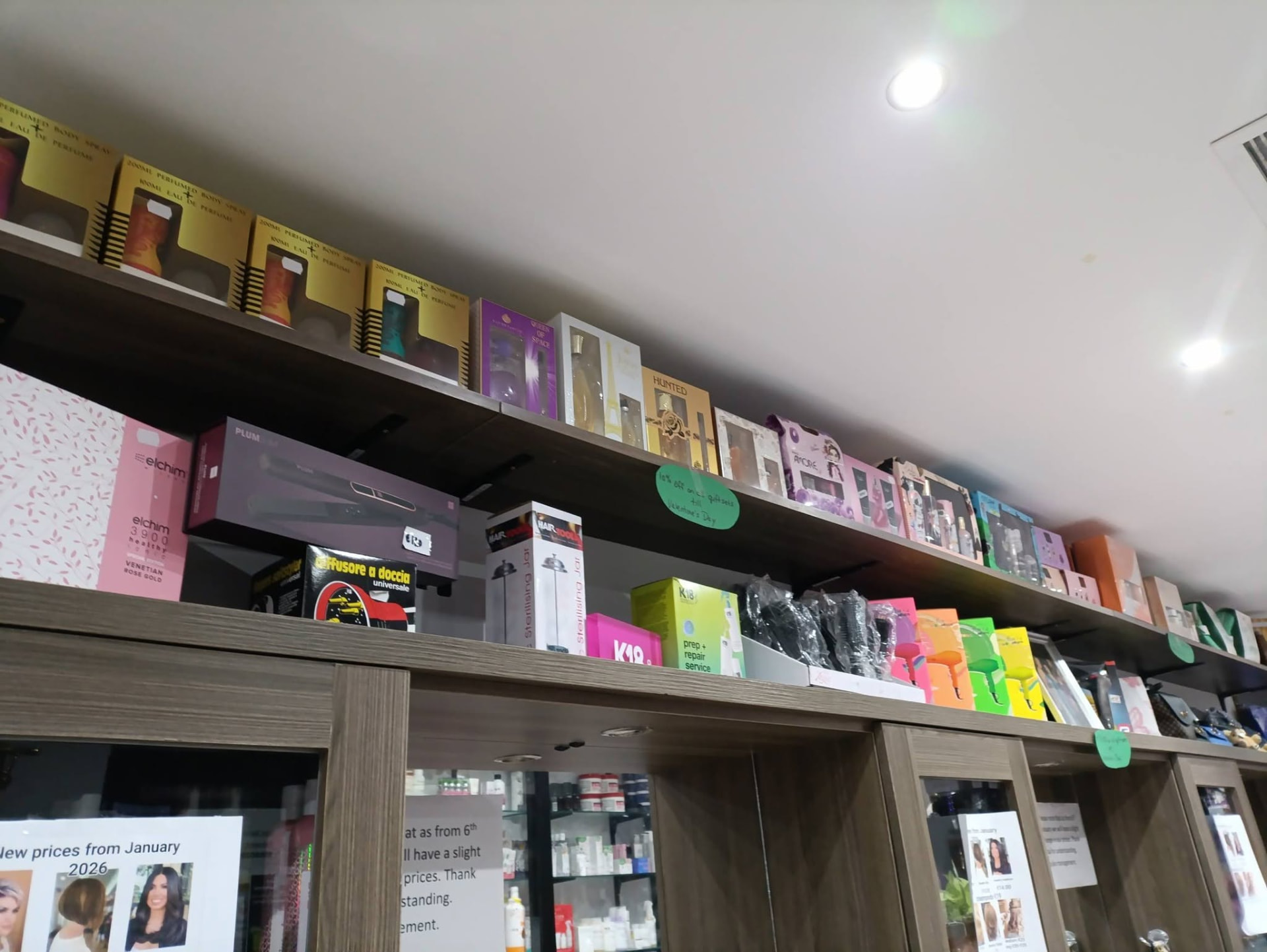 Retail boutique shelves at Fujiko filled with beauty products, gift sets and styling tools