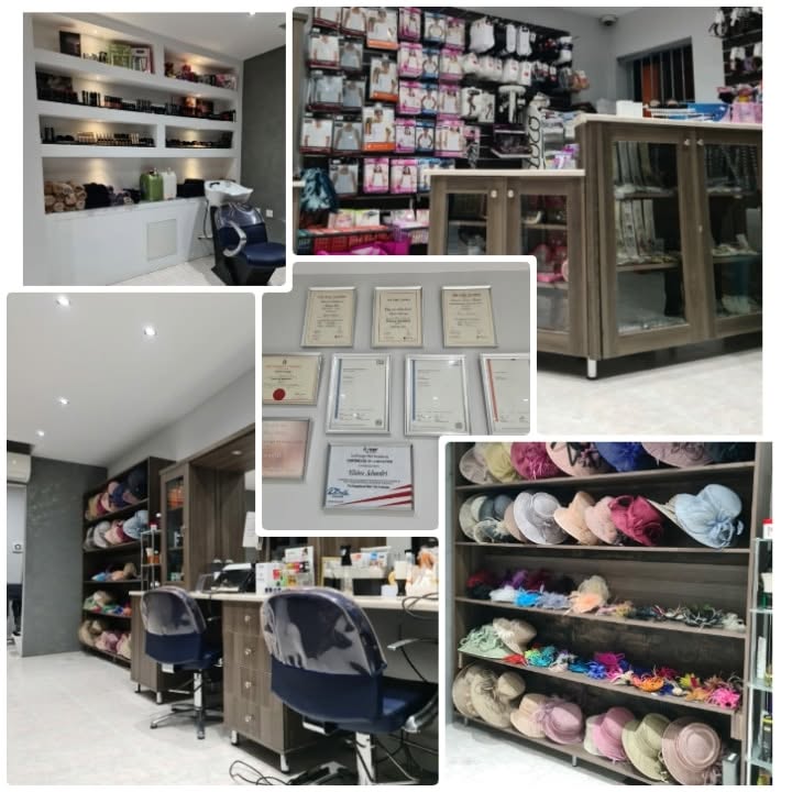 Fujiko salon collage: styling stations, wash basin, certified qualification certificates and hat and fascinator display shelves