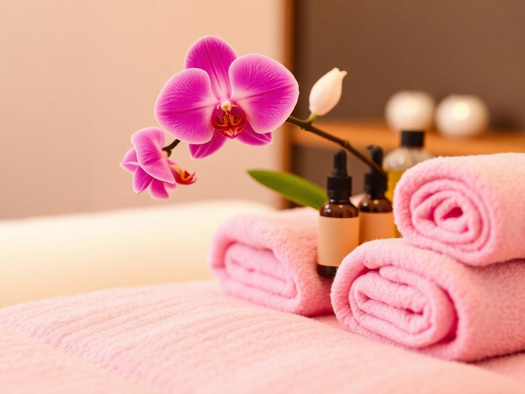 Facial treatment room with pink towels, orchid and skincare serums