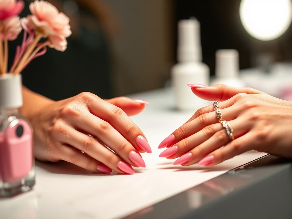 Manicured hands with pink gel nail polish at a professional nail station