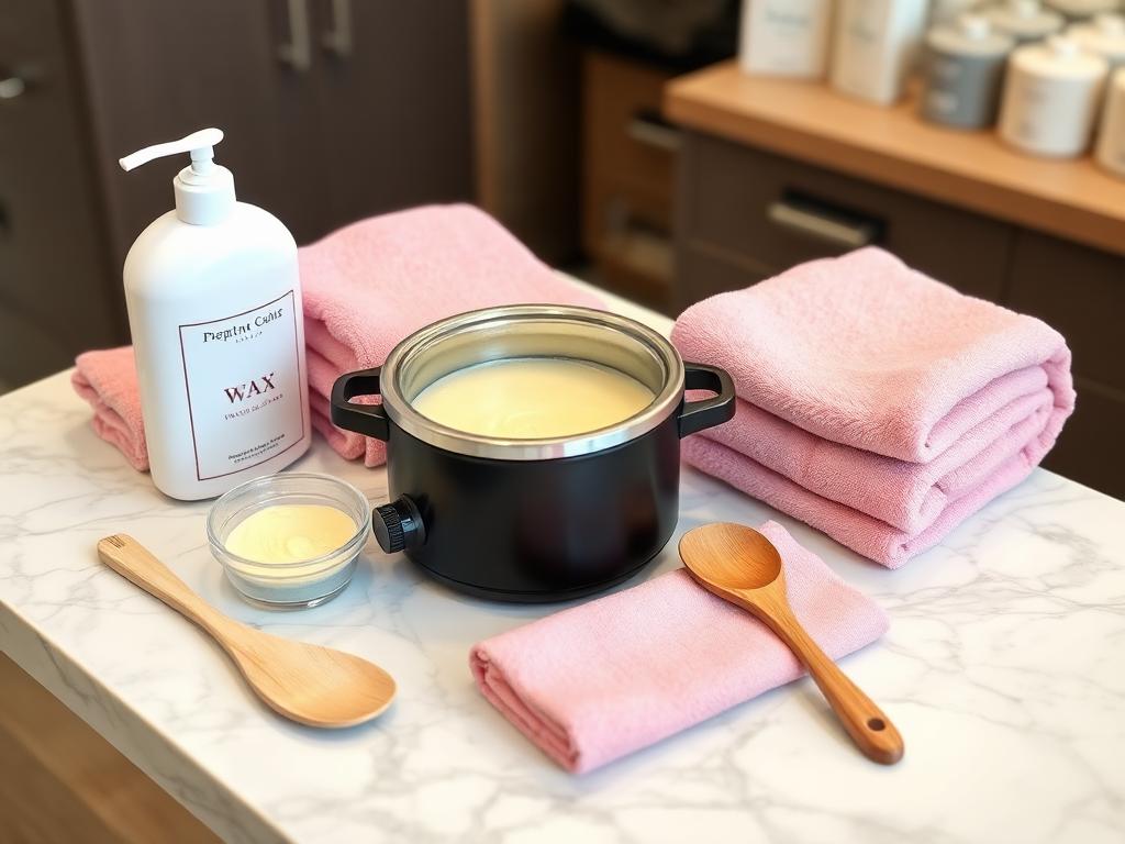 Professional waxing treatment supplies on a marble salon counter